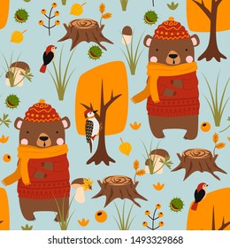 seamless pattern with bear and woodpecker in the autumn forest - vector illustration, eps