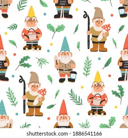 Seamless pattern with bearded gnomes, dwarfs, elves, plants, leaves and colorful dots on white background. Endless repeatable backdrop with fairytale characters. Childish flat vector illustration