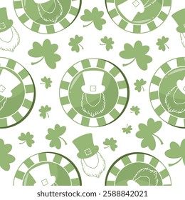 seamless pattern with a bearded leprechaun face and green leprechaun print chips arranged randomly, for holiday designs for St. Patrick's Day