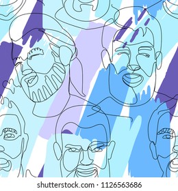 Seamless Pattern with Bearded Man Portrait One Line Art. Male Facial Expression. Hand Drawn Linear Man Silhouette Background. Vector illustration