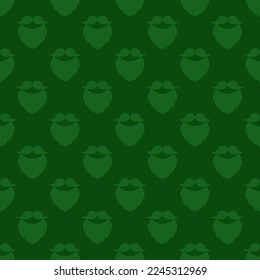 Seamless pattern with beards and mustaches. Background in green colors. Vector illustration. Patrick day design. Traditional holiday decoration. For decoration designs, papers, and wrappings.