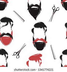 Seamless pattern of beards and mustaches hipsters, scissors and combs