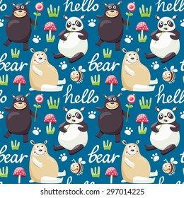 Seamless pattern with bears, bee, plants, mushrooms and footprints
