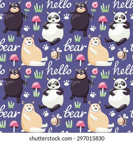 Seamless pattern with bears, bee, plants, mushrooms and footprints for kids
