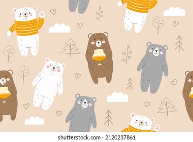 Seamless pattern with bears. Characters with honey. Repeating image for printing on wrapping paper and linens. Picture for children, poster or banner for website. Cartoon flat vector illustration