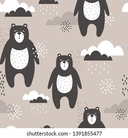 Seamless pattern, bears and clouds, hand drawn overlapping backdrop. Colorful background vector. Illustration with animals. Decorative wallpaper, good for printing