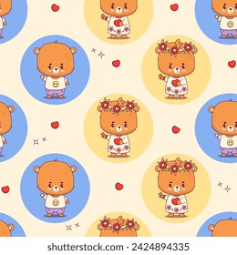 Seamless pattern with bears cub. Cute animal girl and boy kawaii character. Vector illustration. Kids collection