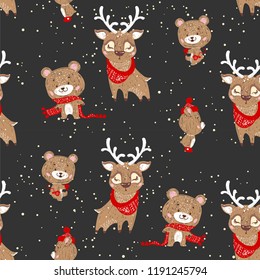 Seamless pattern with bears and deer. Perfect for cards, invitations, wallpaper, banners, kindergarten, baby shower, children room decoration. 