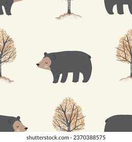 Patrón sin foco con osos en el bosque otoñal. Dibujo manual de una ilustración vectorial de un animal en el bosque.