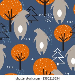Seamless pattern, bears, fir trees and trees, hand drawn overlapping backdrop. Colorful background vector. Illustration with animals. Decorative wallpaper, good for printing