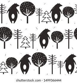 Seamless pattern, bears, fir trees and trees, hand drawn overlapping backdrop. Black and white background vector. Illustration with animals, forest. Decorative wallpaper, good for printing