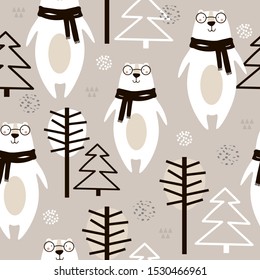Seamless pattern, bears, fir trees and trees, hand drawn overlapping backdrop. Colorful background vector. Illustration with animals. Decorative wallpaper, good for printing