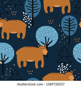 Seamless pattern, bears, fir trees and trees, hand drawn overlapping backdrop. Colorful background vector. Illustration with animals. Decorative wallpaper, good for printing