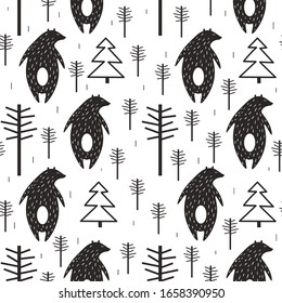 Seamless pattern, bears, fir trees and trees, hand drawn overlapping backdrop. Black and white background vector. Illustration with animals. Decorative wallpaper, good for printing