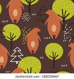 Seamless pattern, bears, fir trees and trees, hand drawn overlapping backdrop. Colorful background vector. Illustration with animals. Decorative wallpaper, good for printing
