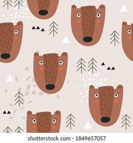 Seamless pattern, bears, fir trees, hand drawn overlapping backdrop. Colorful background vector. Illustration with animals. Decorative wallpaper, good for printing