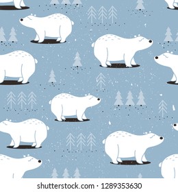 Seamless pattern, bears, fir-trees, hand drawn overlapping backdrop. Colorful background vector. Illustration with animals. Decorative wallpaper, good for printing