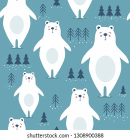 Seamless pattern, bears, fir-trees, hand drawn overlapping backdrop. Colorful background vector. Illustration with animals. Decorative wallpaper, good for printing