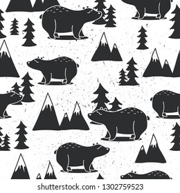 Seamless pattern with bears, fir-trees, mountains, hand drawn overlapping backdrop. Black and white background vector. Illustration with animals. Decorative wallpaper, good for printing