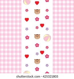 Seamless pattern with bears, flowers, hearts and balls, kid's style. Isolated teddy bears, pattern for cushion, pillow, bandanna, silk kerchief or shawl fabric print. Texture for clothes, bedclothes