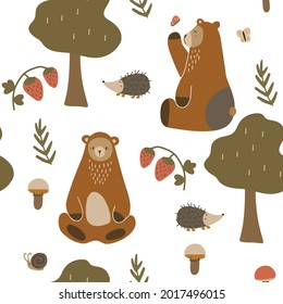 Seamless pattern bears in the forest. Children's illustration for books, printed materials