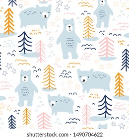 Seamless pattern bears in forest hand drawn vector illustration. Scandinavian style repeating animal nature background in blue, yellow, orange, pink on white. For wallpaper, fabric, kids decor, baby