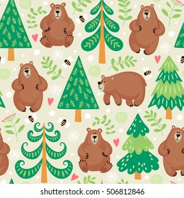 Seamless pattern with bears in the forest. Summer