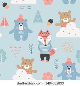 Seamless pattern with bears, fox, forest elements in Scandinavian style. Vector Illustration. Kids illustration for nursery design. Great for baby clothes, greeting card, wrapper.