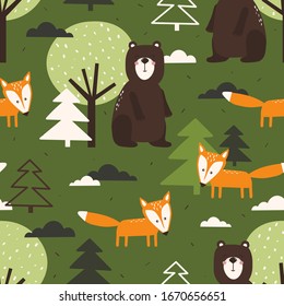 Seamless pattern, bears, foxes, fir trees, trees, hand drawn overlapping backdrop. Colorful background vector. Illustration with animals, forest. Decorative wallpaper, good for printing