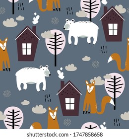 Seamless pattern, bears, foxes, houses and trees, hand drawn overlapping backdrop. Colorful background vector. Illustration with animals, forest. Decorative wallpaper, good for printing