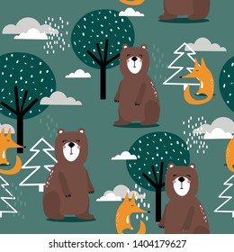 Seamless pattern, bears, foxes and trees, hand drawn overlapping backdrop. Colorful background vector. Illustration with animals. Decorative wallpaper, good for printing