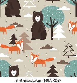 Seamless pattern, bears, foxes and trees, hand drawn overlapping backdrop. Colorful background vector. Illustration with animals, forest. Decorative wallpaper, good for printing