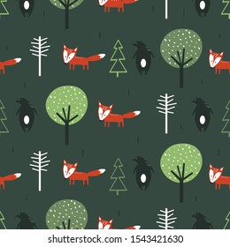 Seamless pattern, bears, foxes and trees, hand drawn overlapping backdrop. Colorful background vector. Illustration with animals, forest. Decorative wallpaper, good for printing