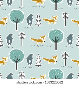 Seamless pattern, bears, foxes and trees, hand drawn overlapping backdrop. Colorful background vector. Illustration with animals, forest. Decorative wallpaper, good for printing