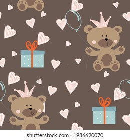 
sin fisuras con osos y regalos. la impresión de los niños con corazones, aguantar con una pelota. lindos animales.