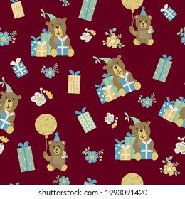 Seamless pattern with bears, gifts and flowers. Festive pattern. Endless textures for your design.	

