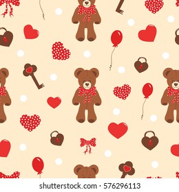 seamless pattern with bears, hearts, key, balloons. love. valentine's day. baby 