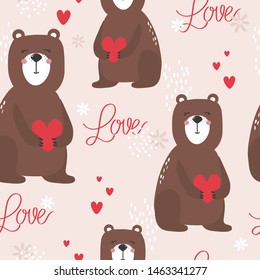 Seamless pattern, bears with hearts and text, hand drawn overlapping backdrop. Colorful background vector. Illustration with animals. Decorative cute wallpaper, good for printing