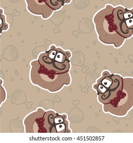 Seamless Pattern with bears and meats on ocher background