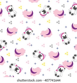 Seamless pattern with bears, moon among clouds stars on white background. Vector illustration