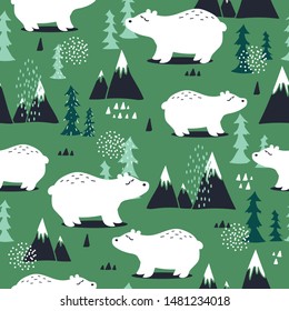 Seamless pattern, bears, mountains and fir trees, hand drawn overlapping backdrop. Colorful background vector. Illustration with animals. Decorative wallpaper, good for printing