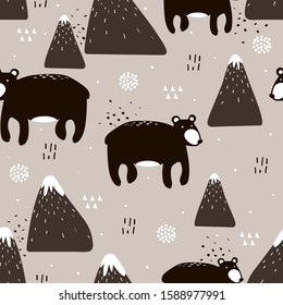 Seamless pattern, bears and mountains, hand drawn overlapping backdrop. Colorful background vector. Illustration with animals. Decorative wallpaper, good for printing