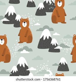 Seamless pattern, bears and mountains, hand drawn overlapping backdrop. Colorful background vector. Illustration with animals. Decorative wallpaper, good for printing