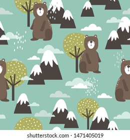 Seamless pattern, bears, mountains and trees, hand drawn overlapping backdrop. Colorful background vector. Illustration with animals. Decorative wallpaper, good for printing