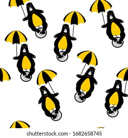 Patrón sin problemas con osos en bicicleta. Oso lindo con bicicleta. Ilustración del circo. Impresión animal - Vector