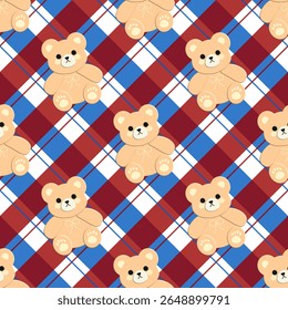 seamless pattern with bears on  checkered background, fabric pattern, gift wrapping paper 