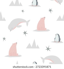 Patrón sin fisuras con osos, un pingüino y una ballena beluga. Ilustración vectorial linda y delicada para telas y textiles, para habitaciones infantiles.
