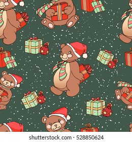 Seamless pattern with bears and presents.