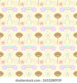 seamless pattern with bears rainbow and flowers, fabric pattern, gift wrapping paper, notebook cover, phone case 