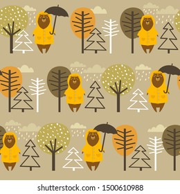 Seamless pattern, bears in raincoats, fir trees and trees, hand drawn overlapping backdrop. Colorful background vector. Illustration with animals, forest. Decorative wallpaper, good for printing